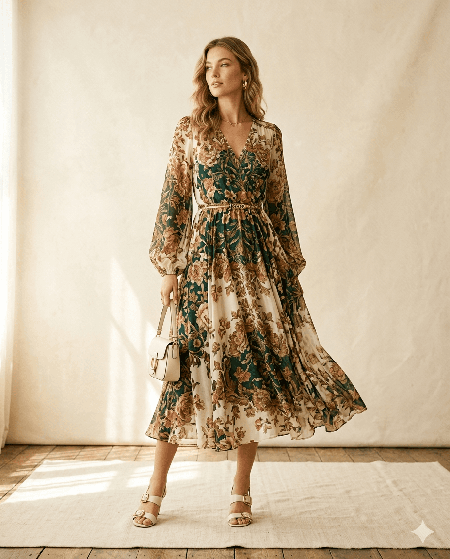 Elegant Floral Chiffon Midi Wrap Dress 2