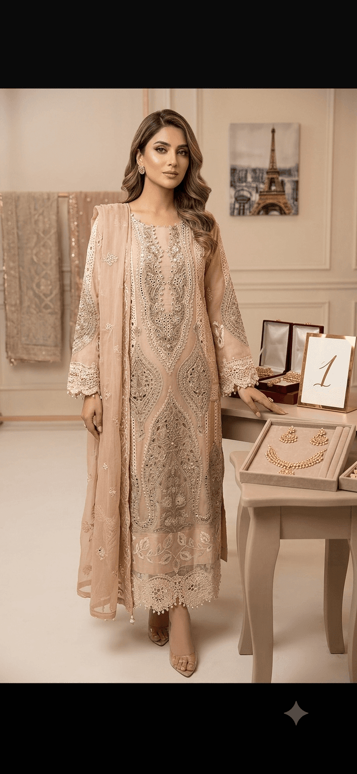 Elegant Champagne Embroidered Luxury Party Wear Suit