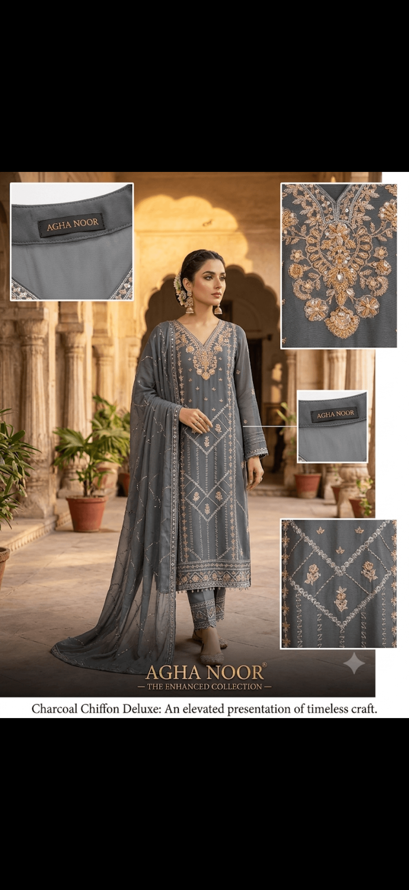 Deluxe Charcoal Chiffon Embroidered Suit