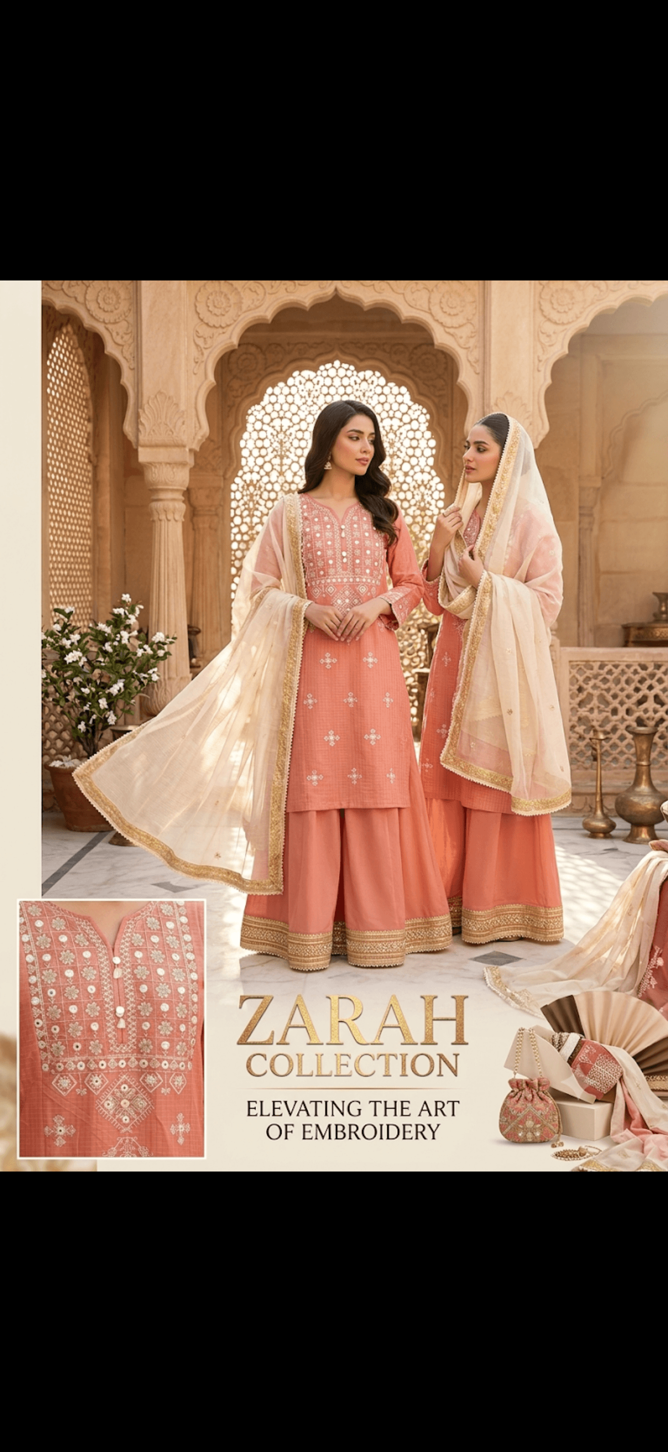 Peach Embroidered Gharara Suit