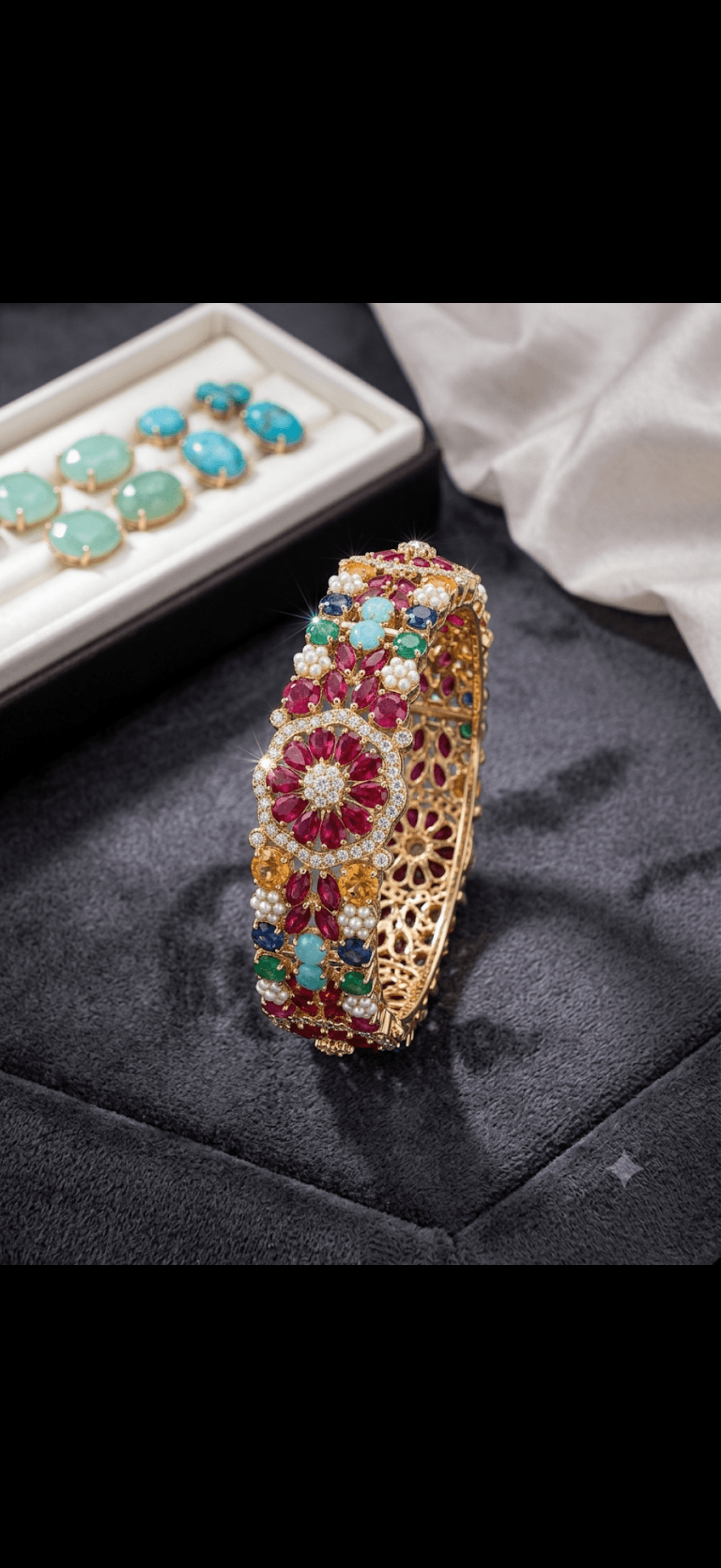 Opulent Multi-Gemstone & Pearl Gold Bangle