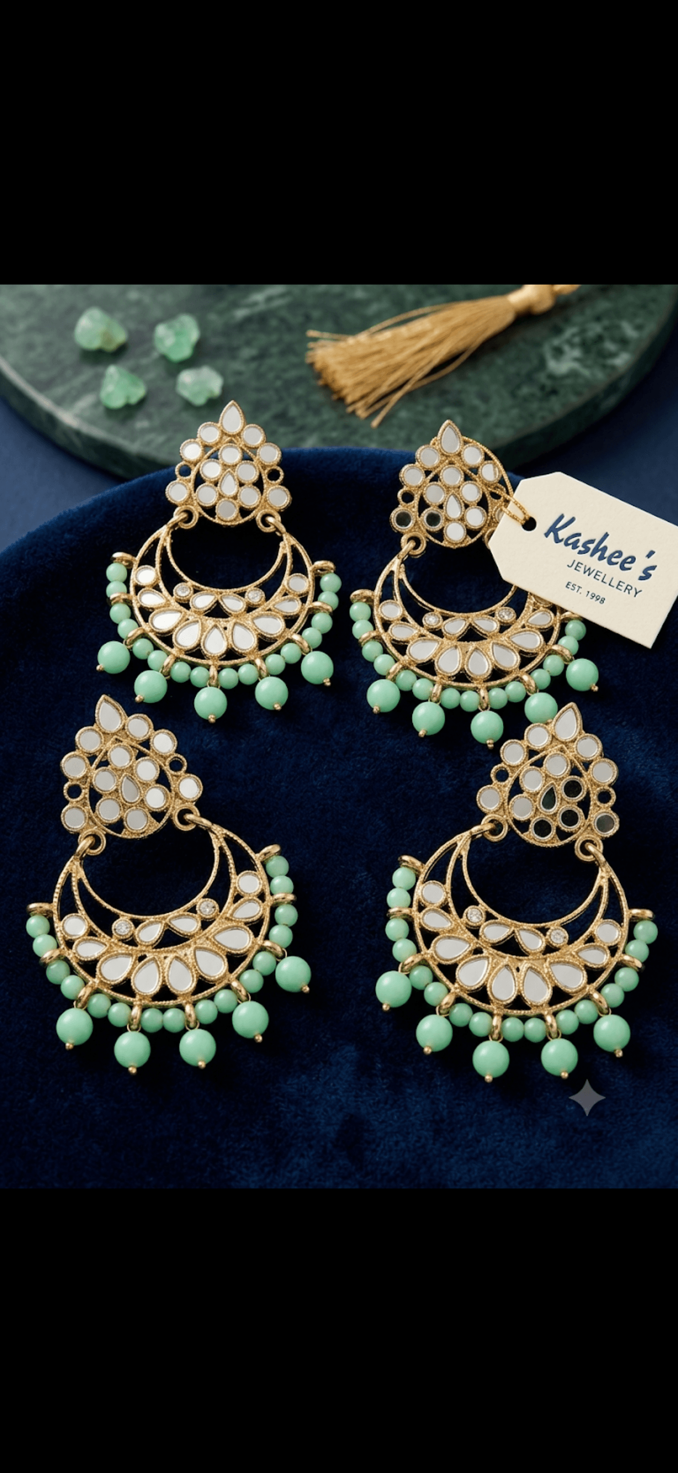 Mint Green Mirror Work Chandbali Drop Earrings