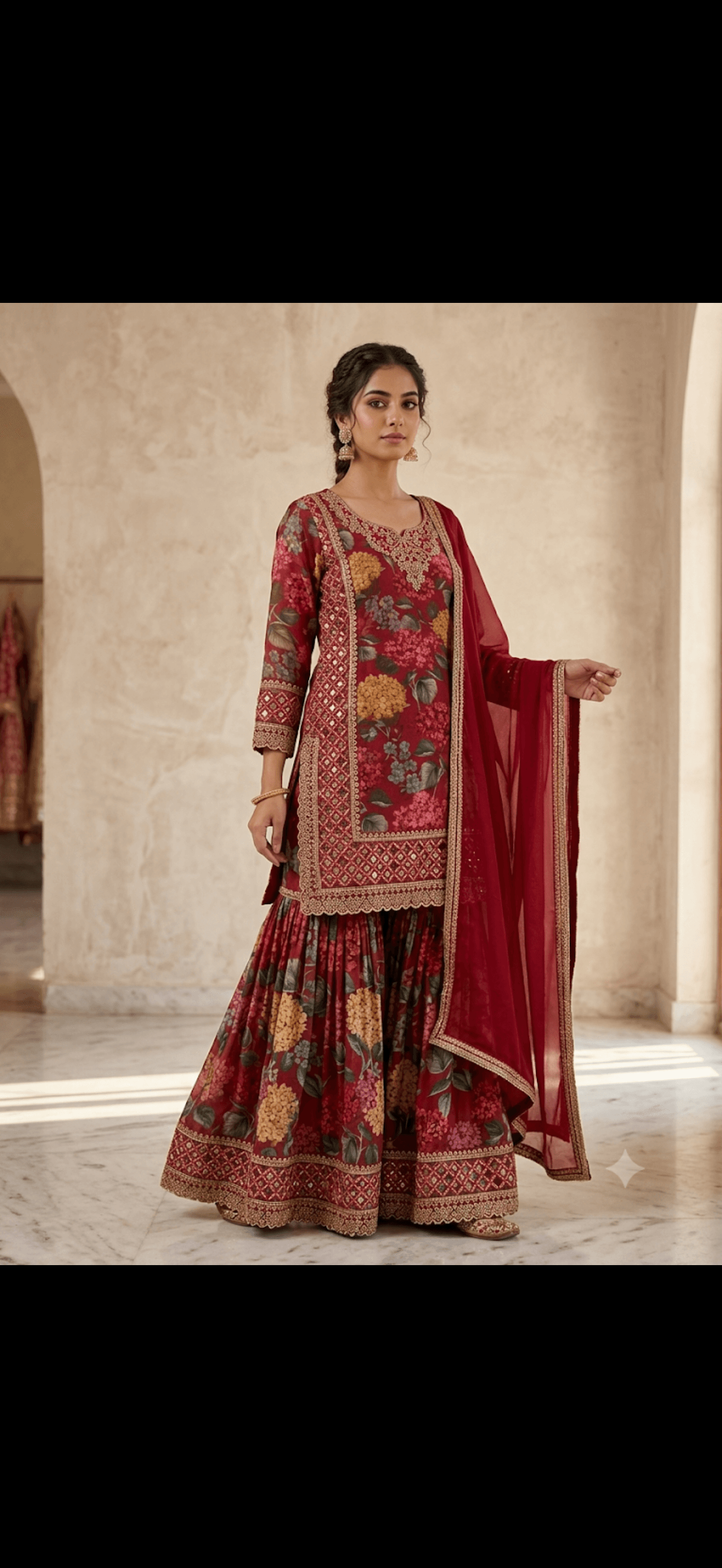 Crimson Floral Sharara Suit with Mirror Work