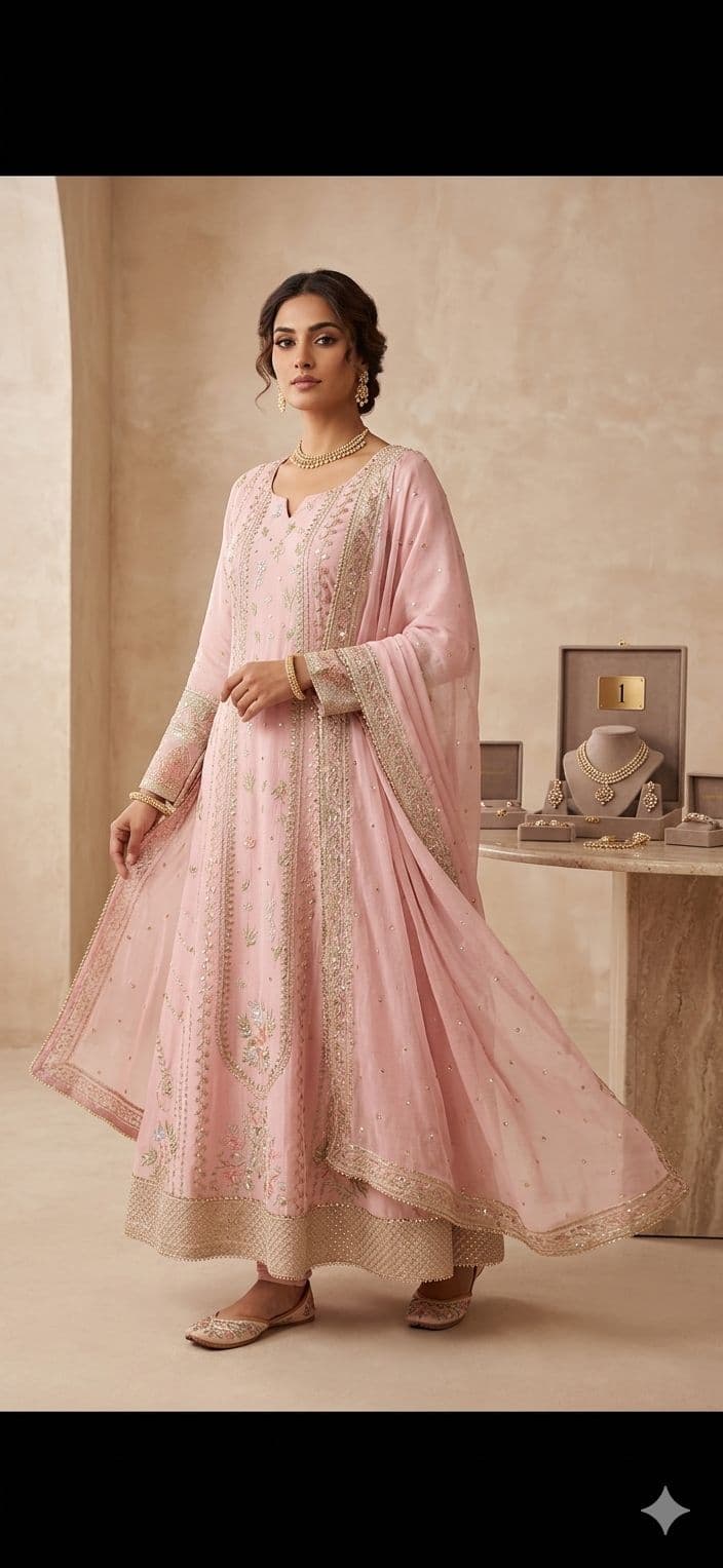 Blush Pink Embroidered Anarkali Suit Set