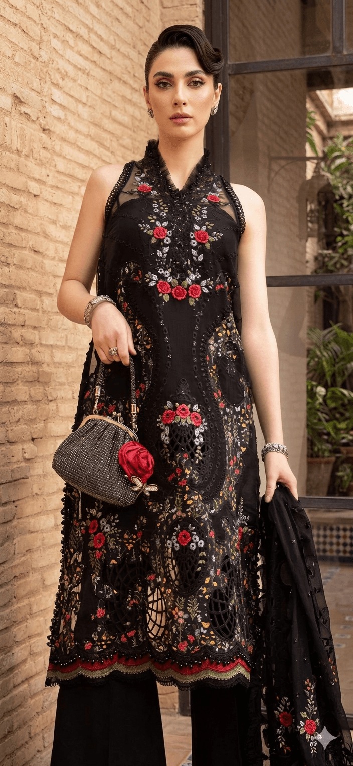 Midnight Bloom Embroidered Luxury Three Piece Set