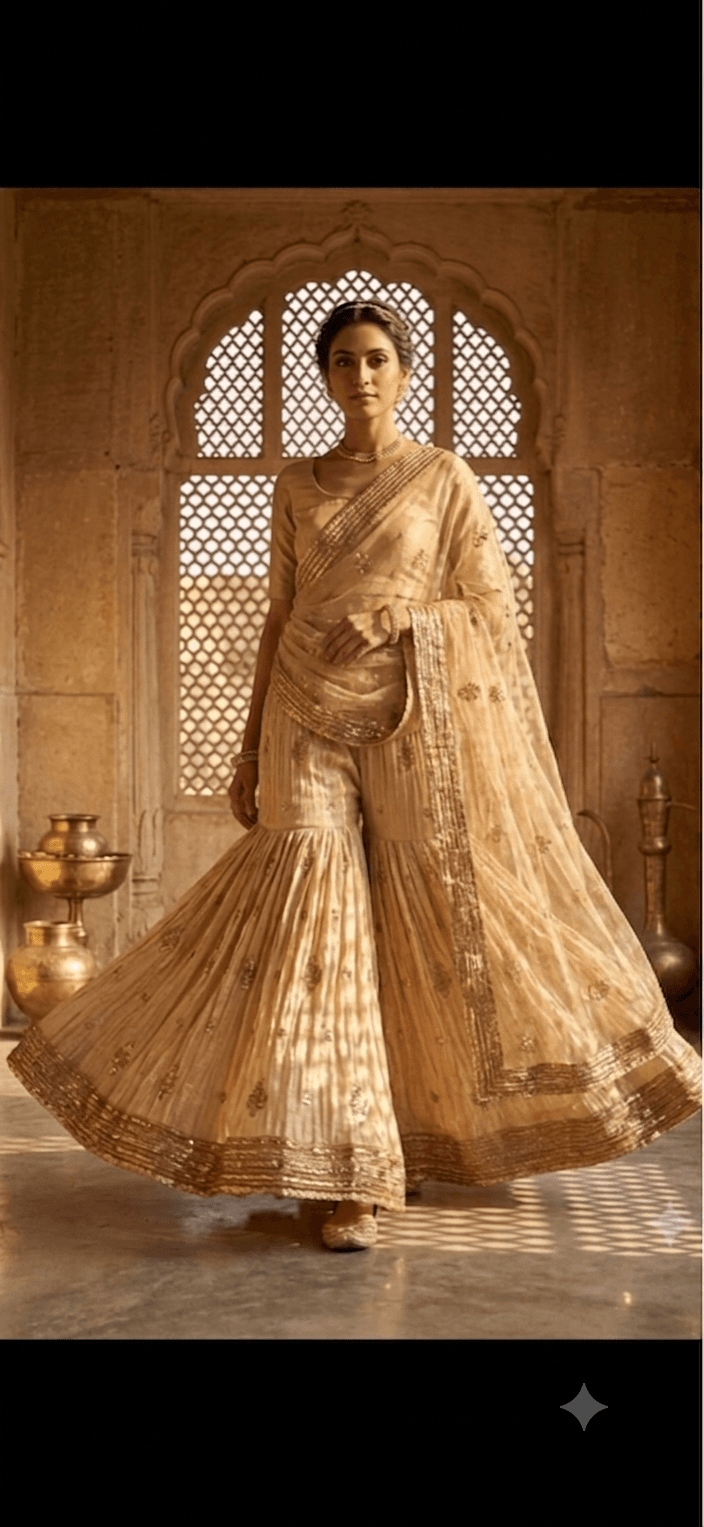 Golden Embroidered Sharara Set with Dupatta