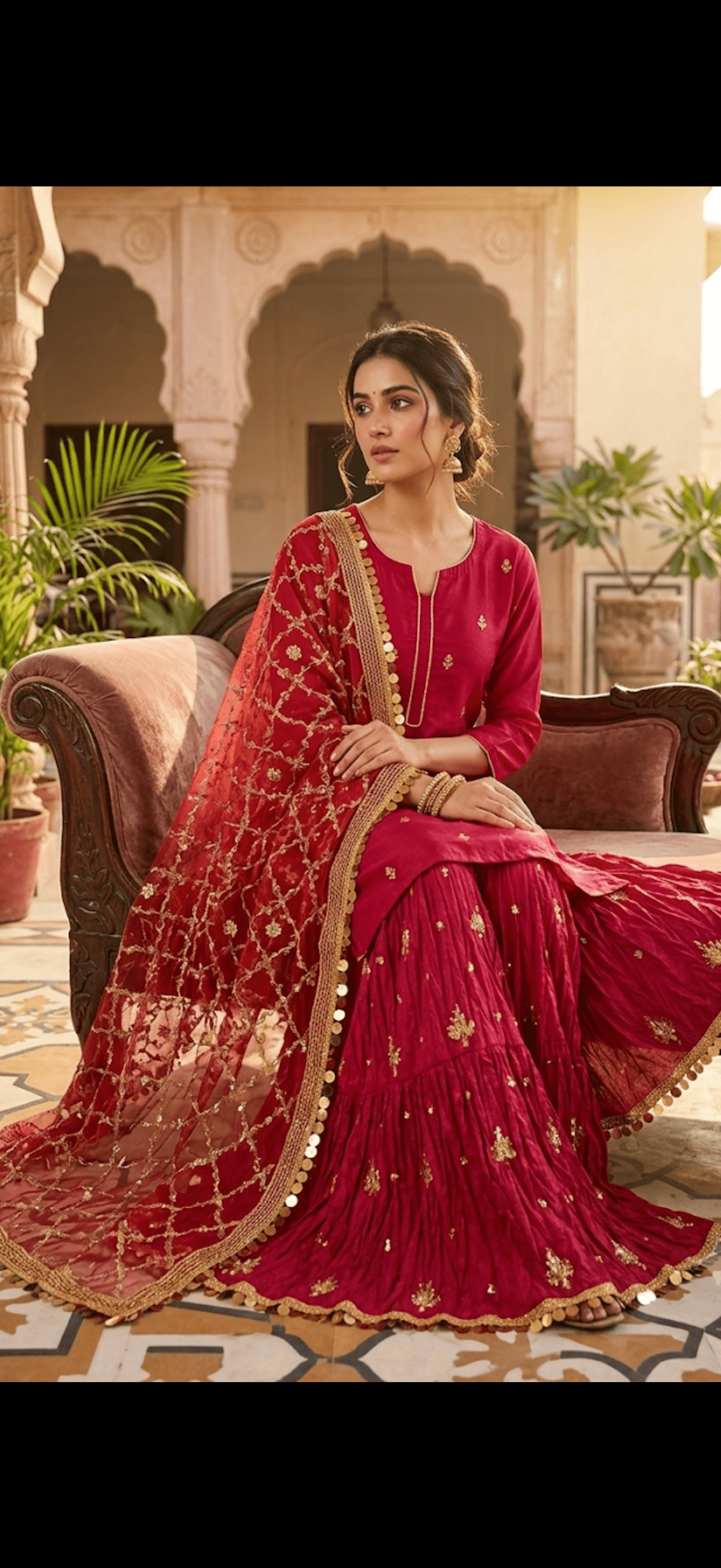 Regal Crimson Embroidered ghararaand dupata