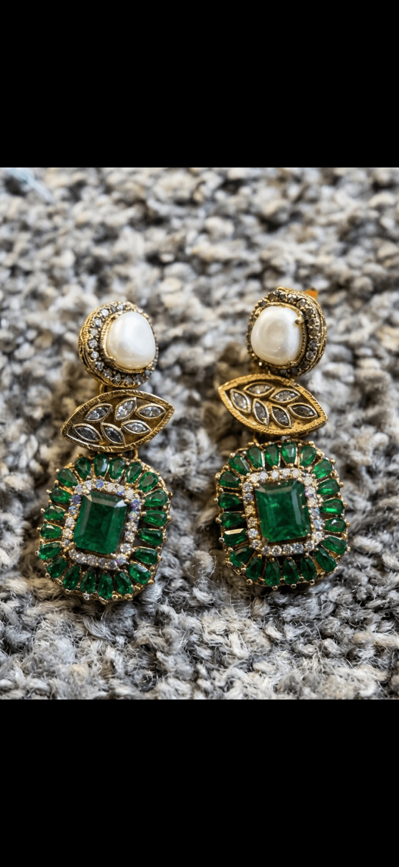 Emerald Pearl Gold Statement Drop Earrings