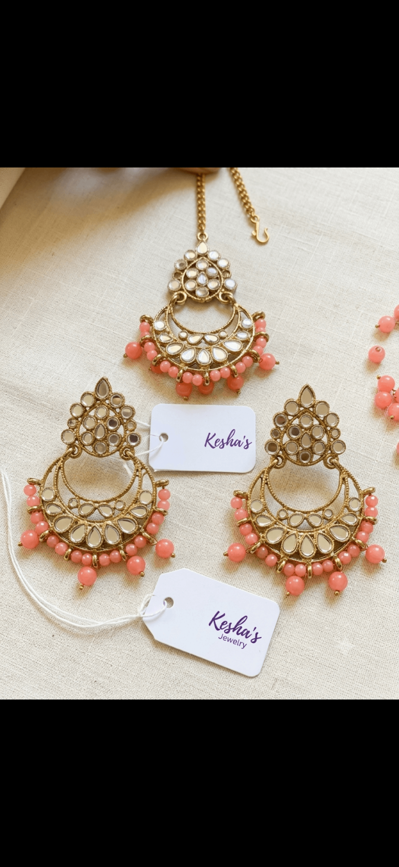 Elegant Gold & Coral Chandbali Earrings with Tikka