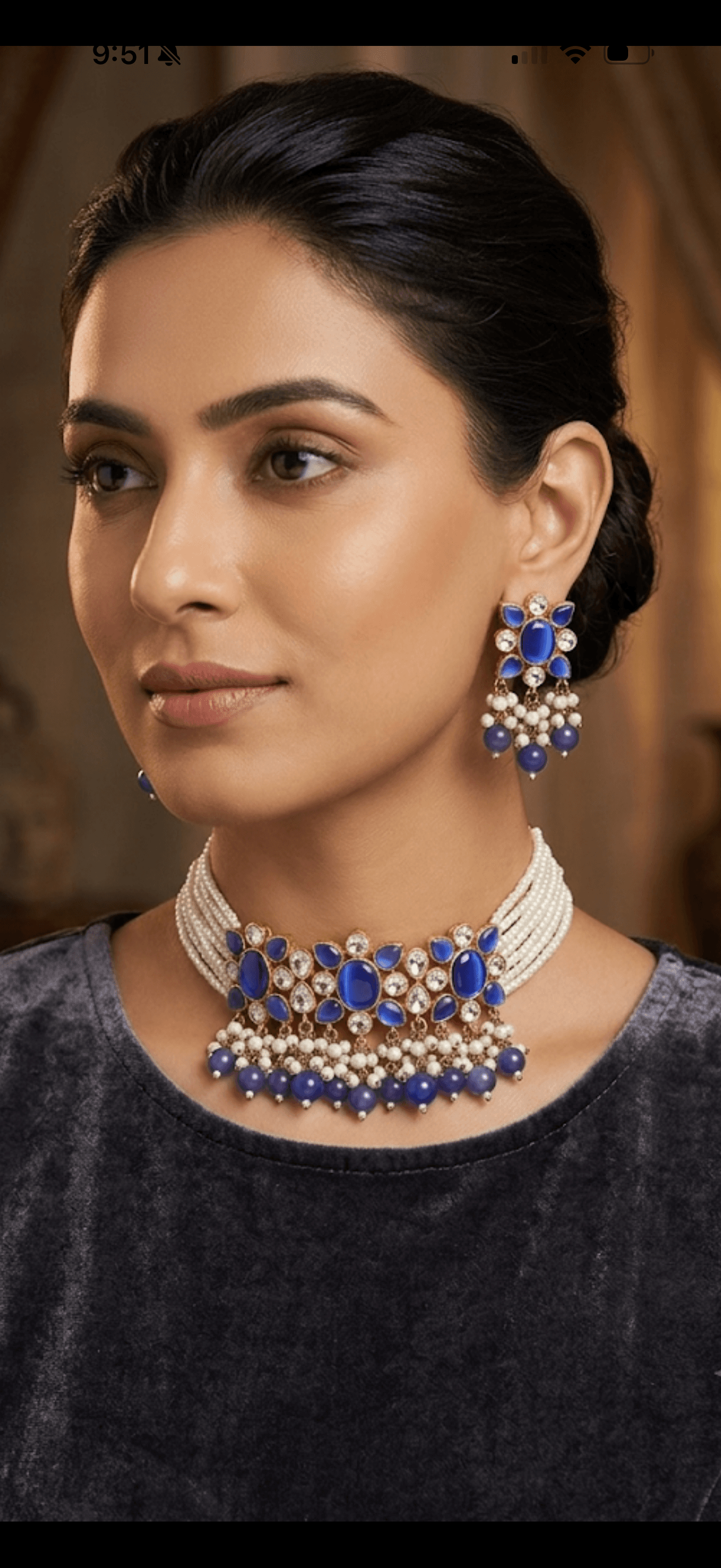 Royal Blue Pearl Embellished Choker Necklace Set