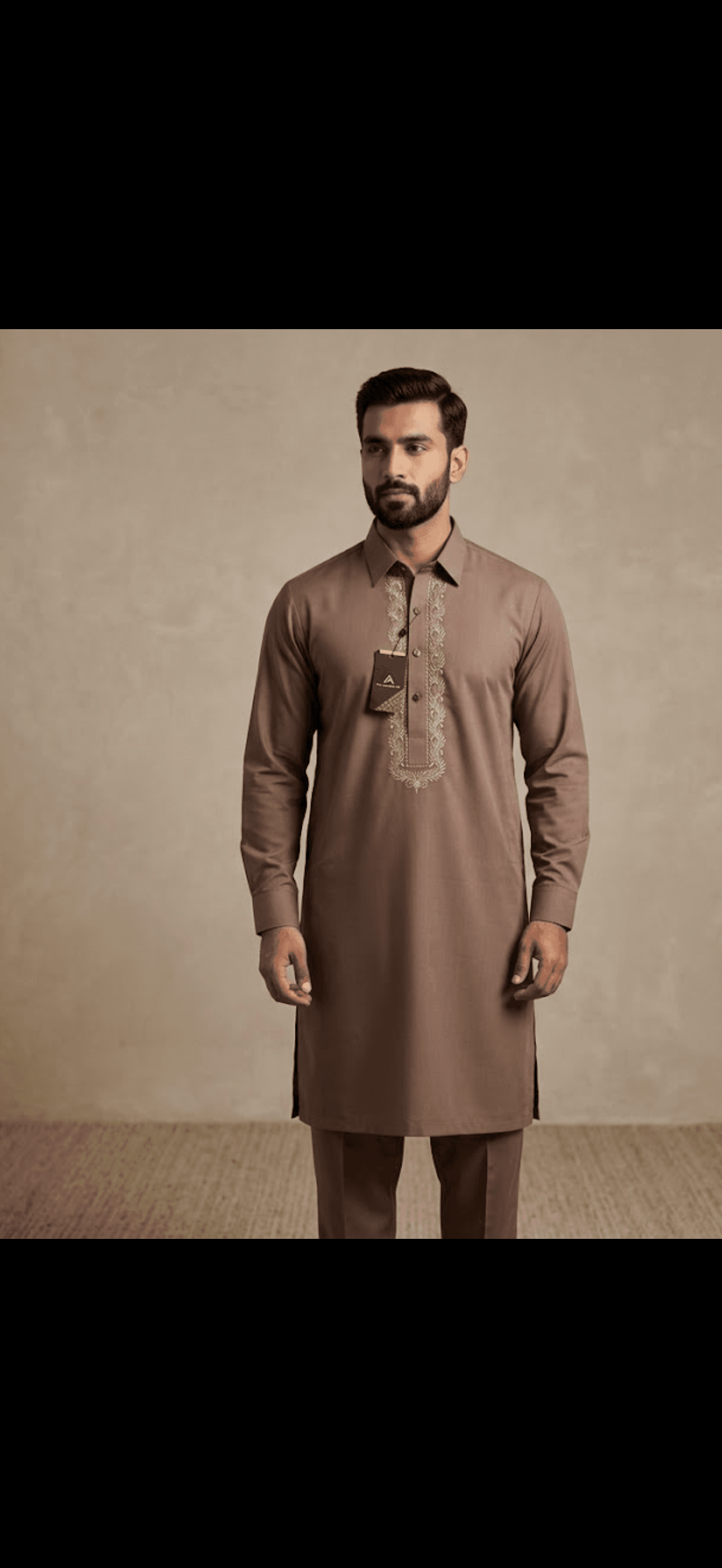 Men's Embroidered Brown Kurta Set